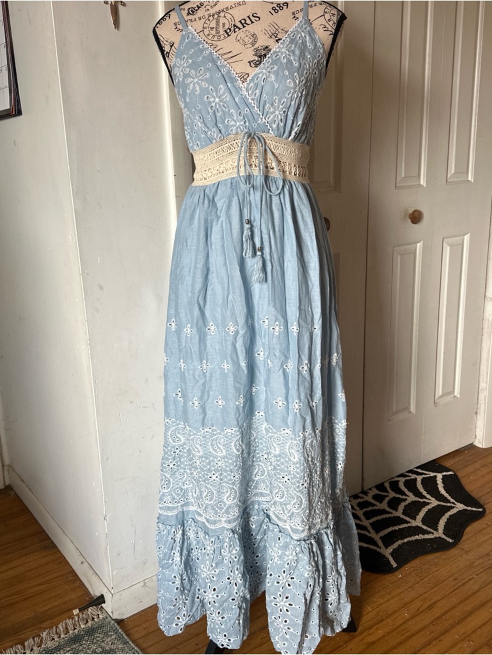 Light Blue Embroidered Maxi Dress with Crochet Waist